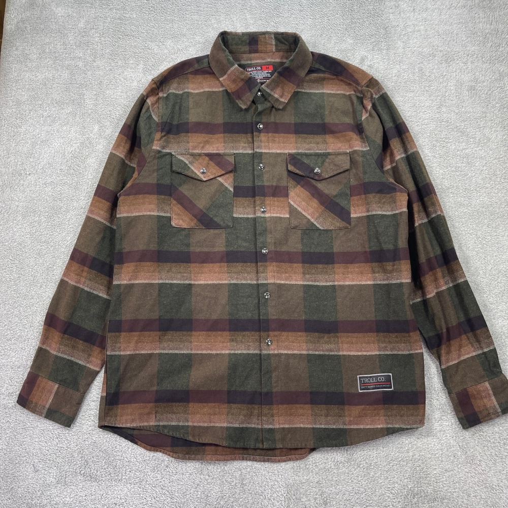 Troll Co Button Down Flannel Shirt Mens Medium Brown Plaid Dirty Hands Outdoors